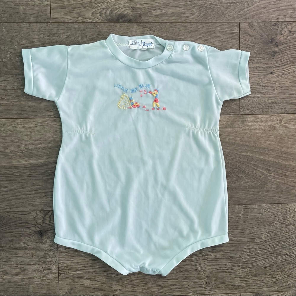 Vintage Regal Little Boy Blue Nursery Rhyme Embroidered Baby Bodysuit Romper